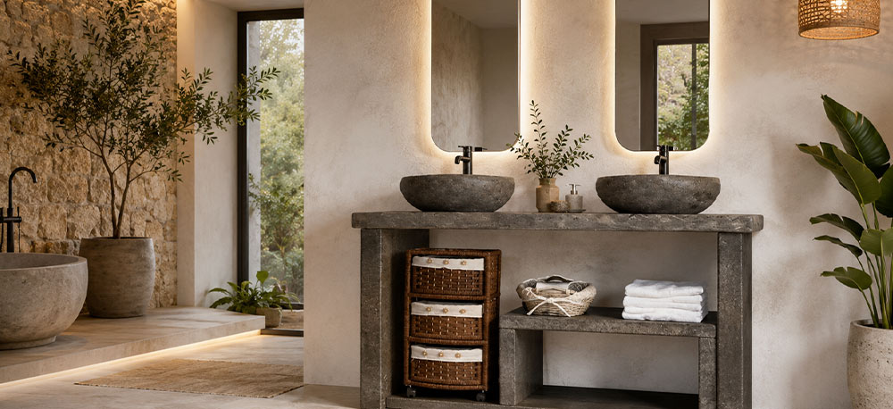 10 claves para integrar un mueble de baño de piedra artificial con dos lavabos